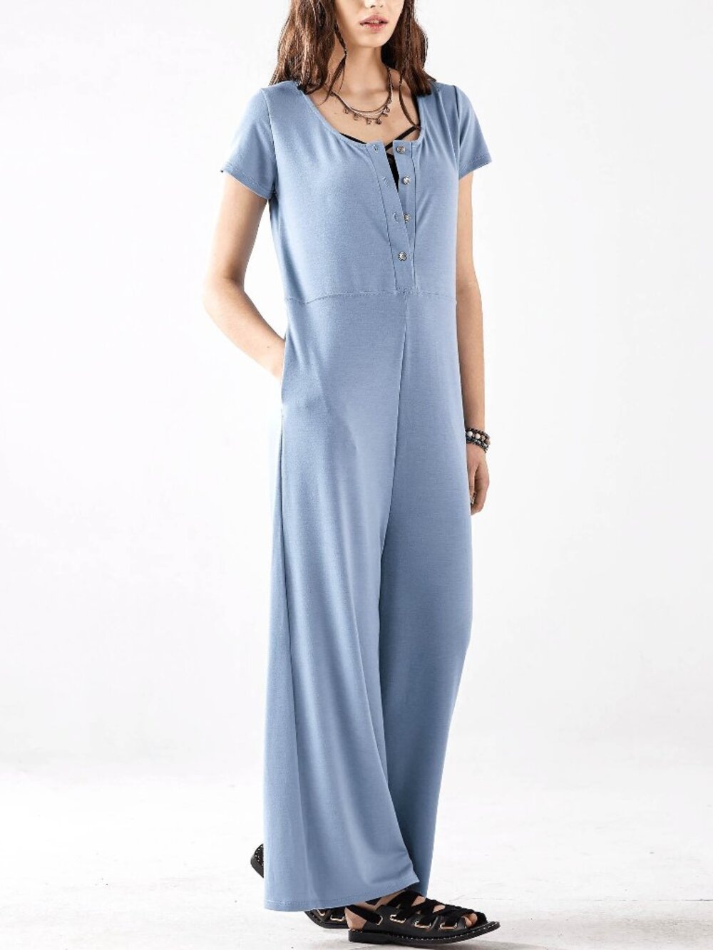 B67 French Terry Wide Leg Short Sleeve Pockets Jumpsuit Blue NEW